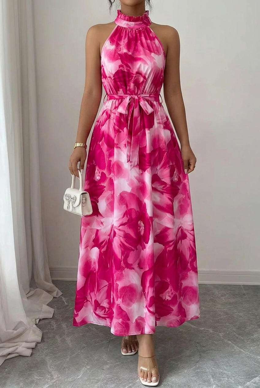 Printed Maxi Dress with Side Split and V Neck