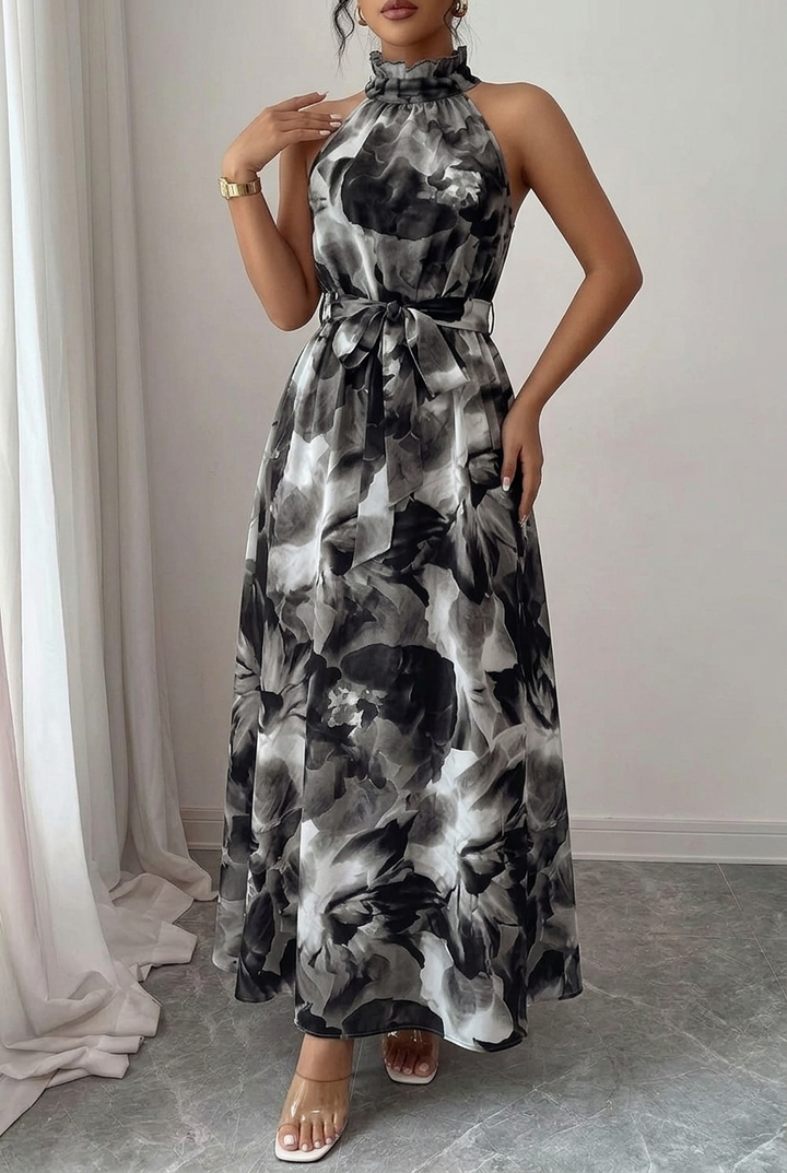Printed Maxi Dress with Side Split and V Neck