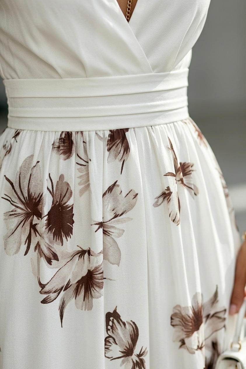 Shirred Midi Dress with V Neck and Cinched Waist