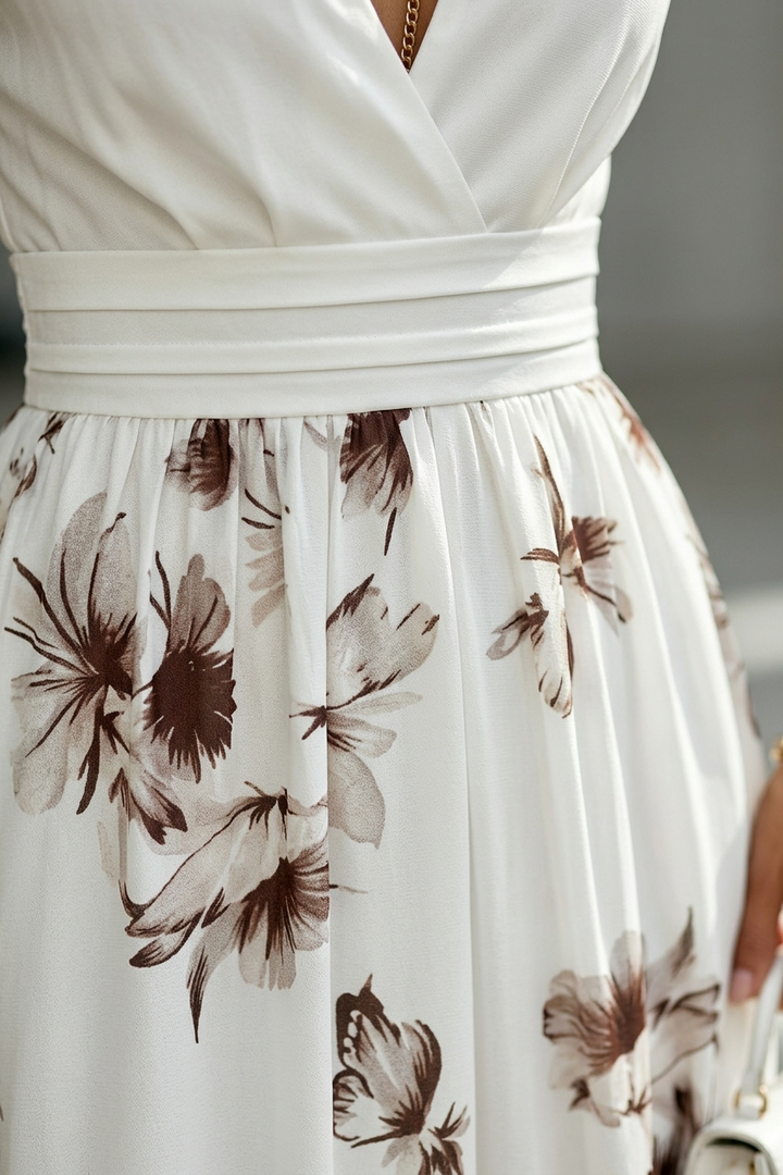 Shirred Midi Dress with V Neck and Cinched Waist