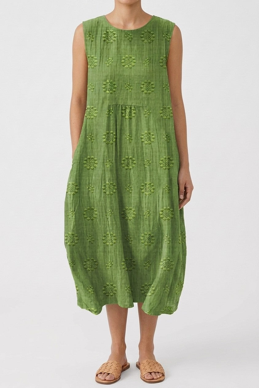 Sleeveless Dress with Embroidery Detail and V Neck