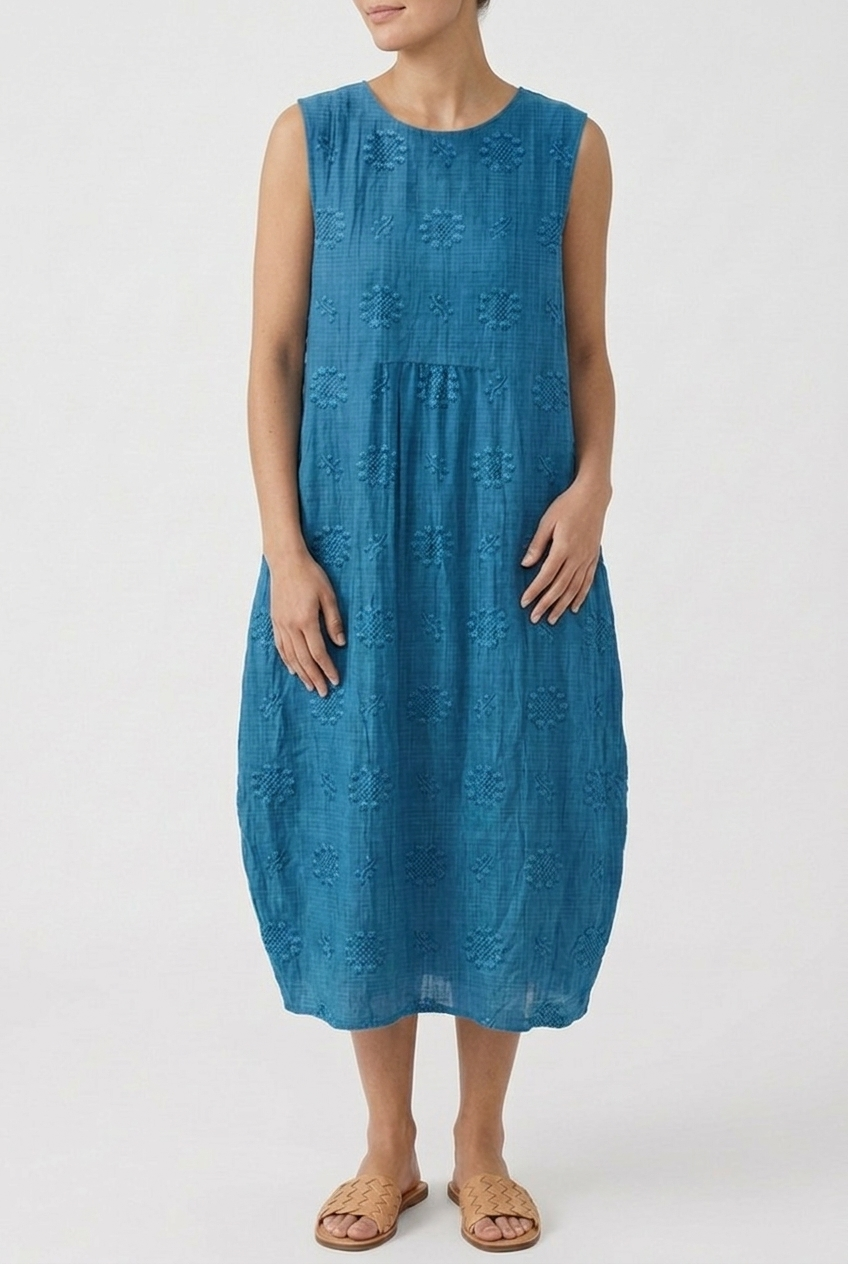 Sleeveless Dress with Embroidery Detail and V Neck
