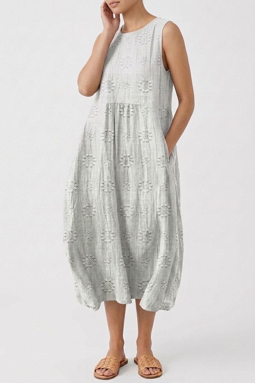 Sleeveless Dress with Embroidery Detail and V Neck