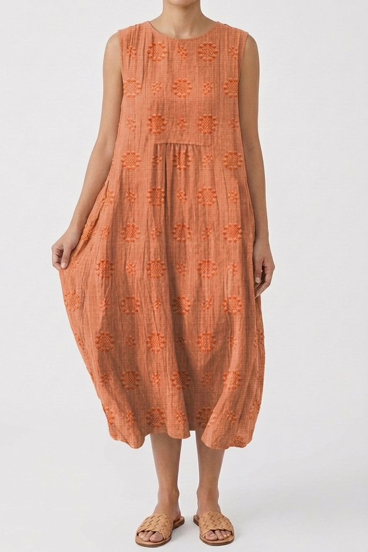 Sleeveless Dress with Embroidery Detail and V Neck