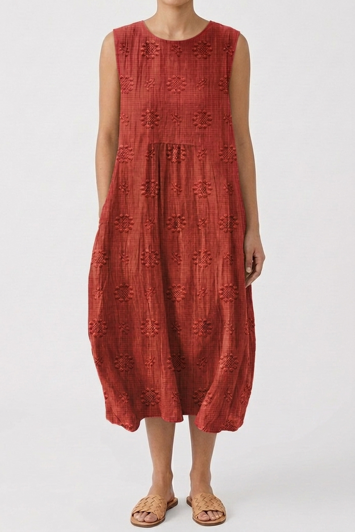 Sleeveless Dress with Embroidery Detail and V Neck
