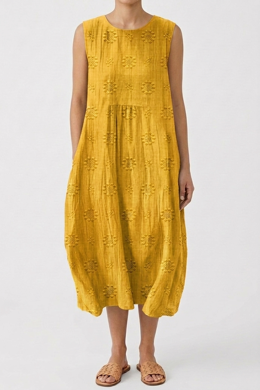 Sleeveless Dress with Embroidery Detail and V Neck