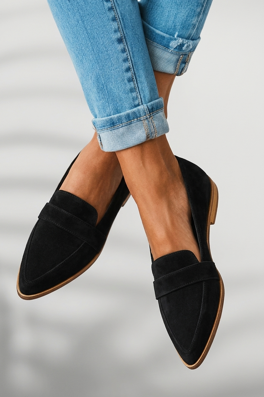 Black loafers worn with rolled-up blue jeans on a light gray background