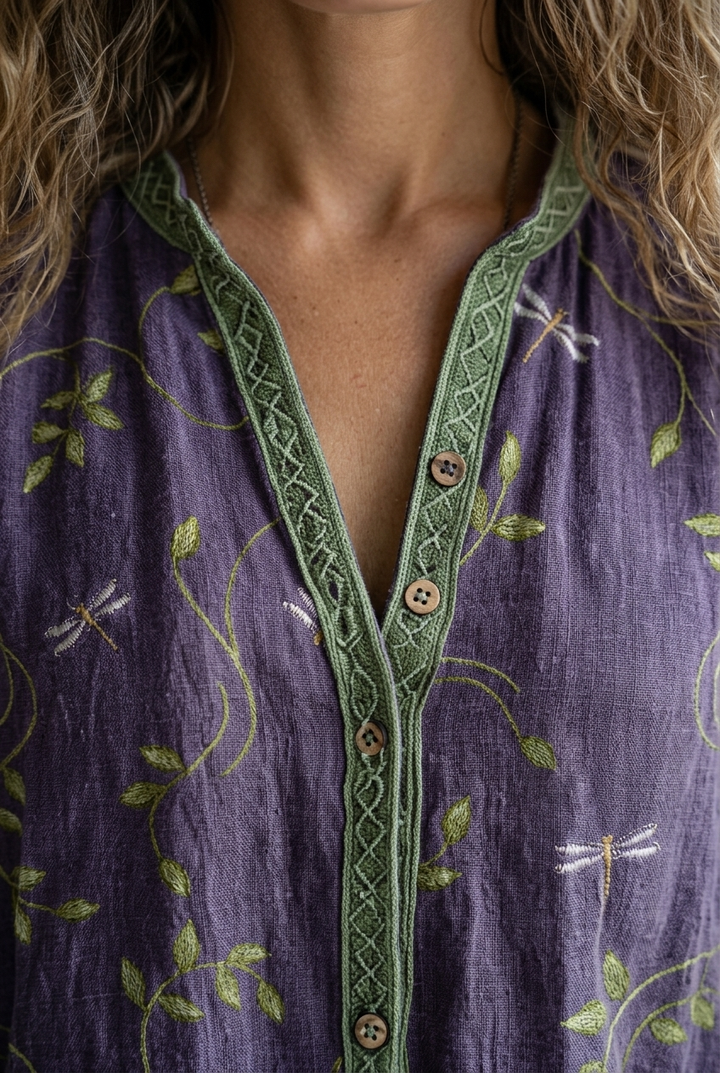 Relaxed Blouse with Nature Print and Short Sleeves