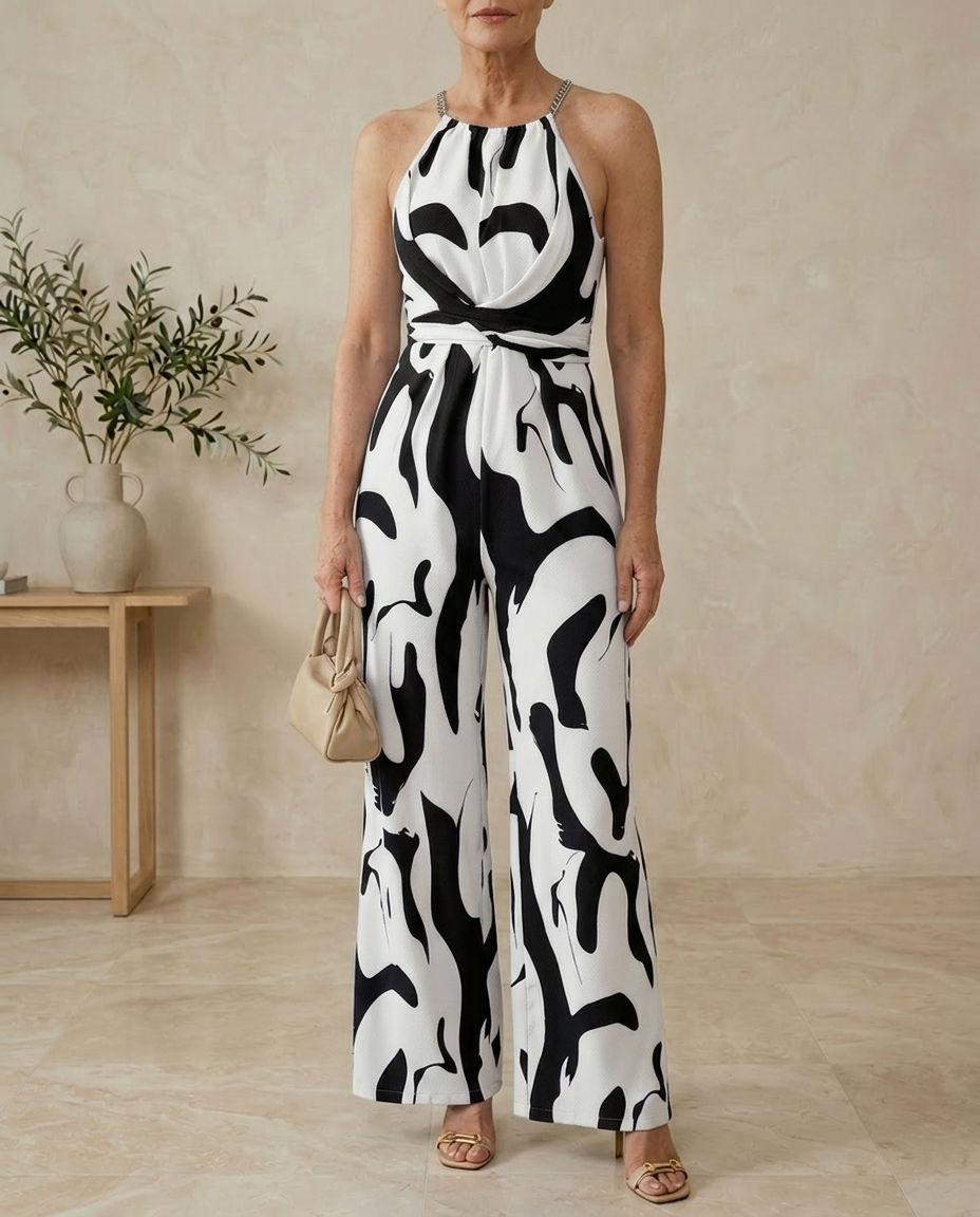 Halter Neck Maxi Dress with Backless Abstract Print
