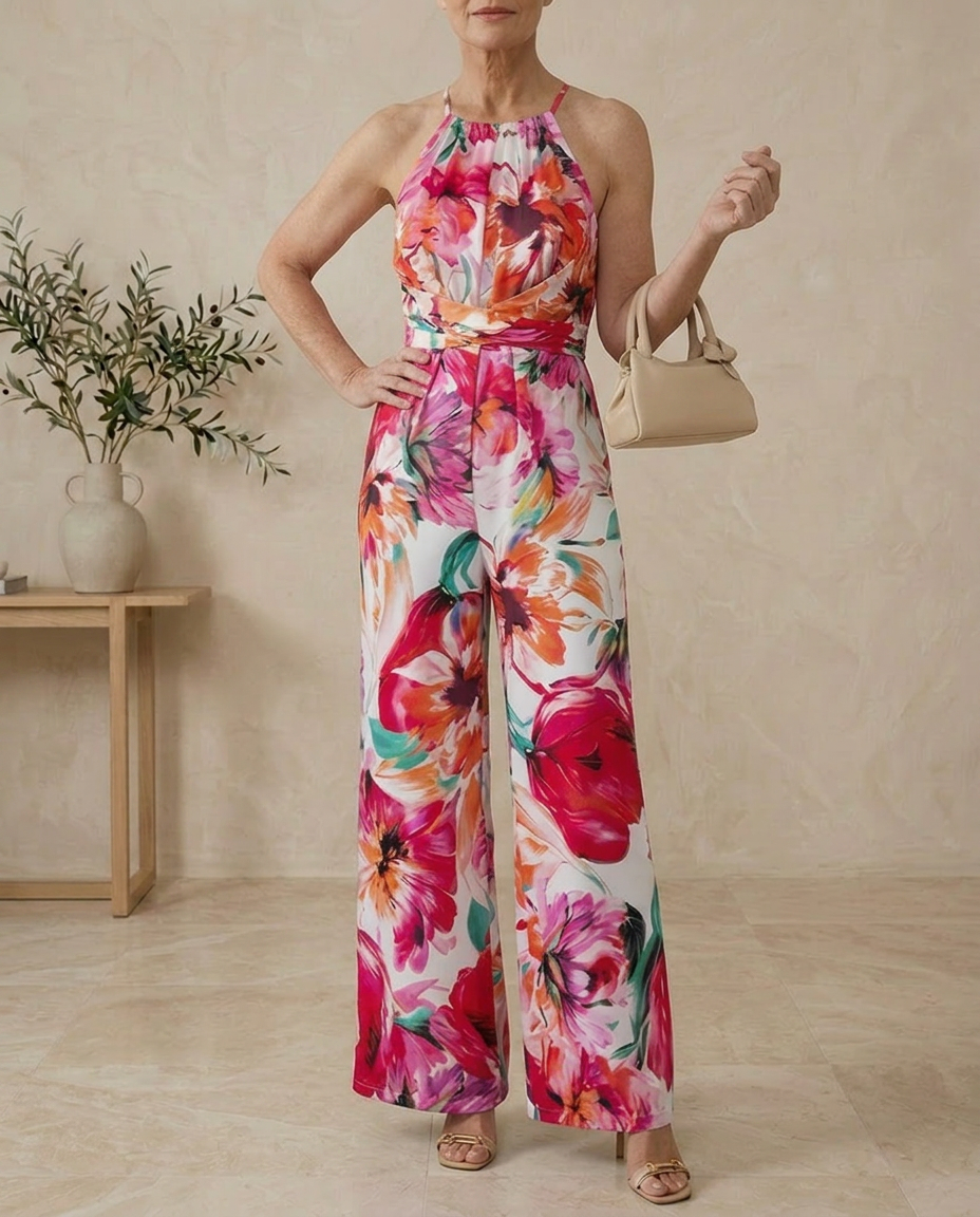 Halter Neck Maxi Dress with Backless Abstract Print