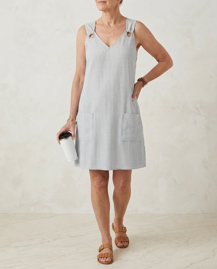 Striped Midi Dress with Pockets and Sleeveless Cut