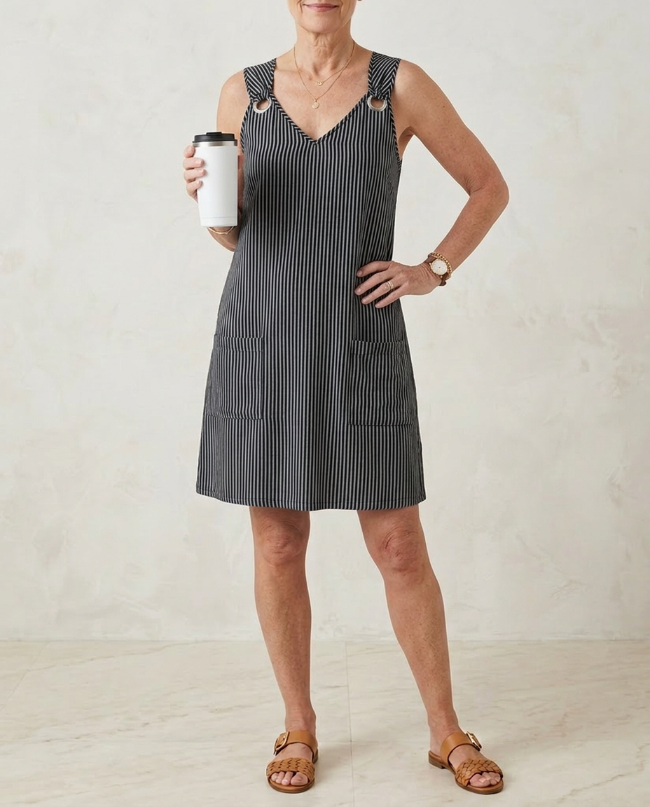 Striped Midi Dress with Pockets and Sleeveless Cut