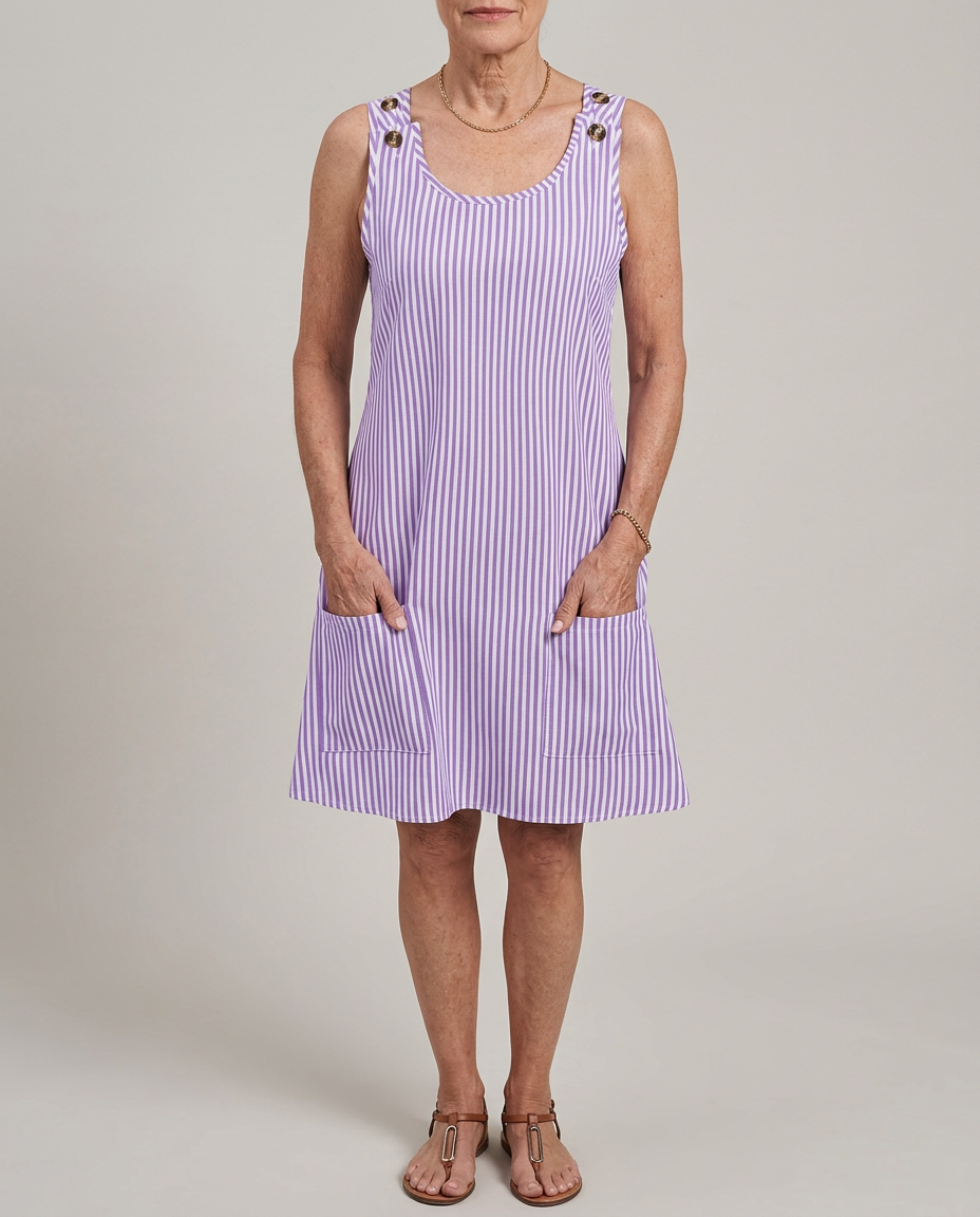 Woman wearing a purple and white striped dress against a plain background