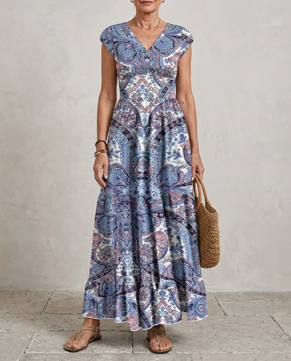Paisley Print Maxi Dress with V Neck and Short Sleeves