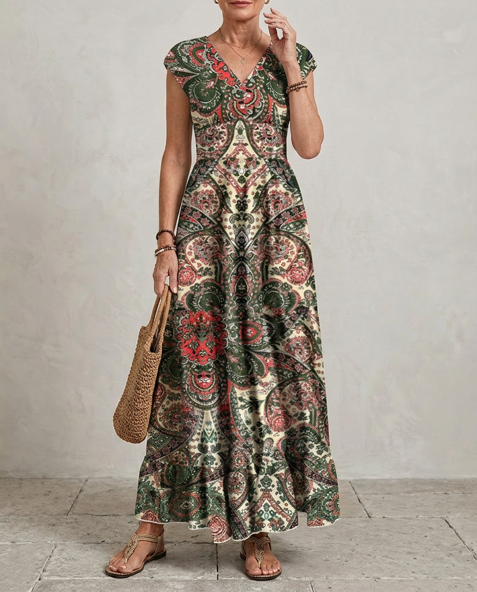 Paisley Print Maxi Dress with V Neck and Short Sleeves