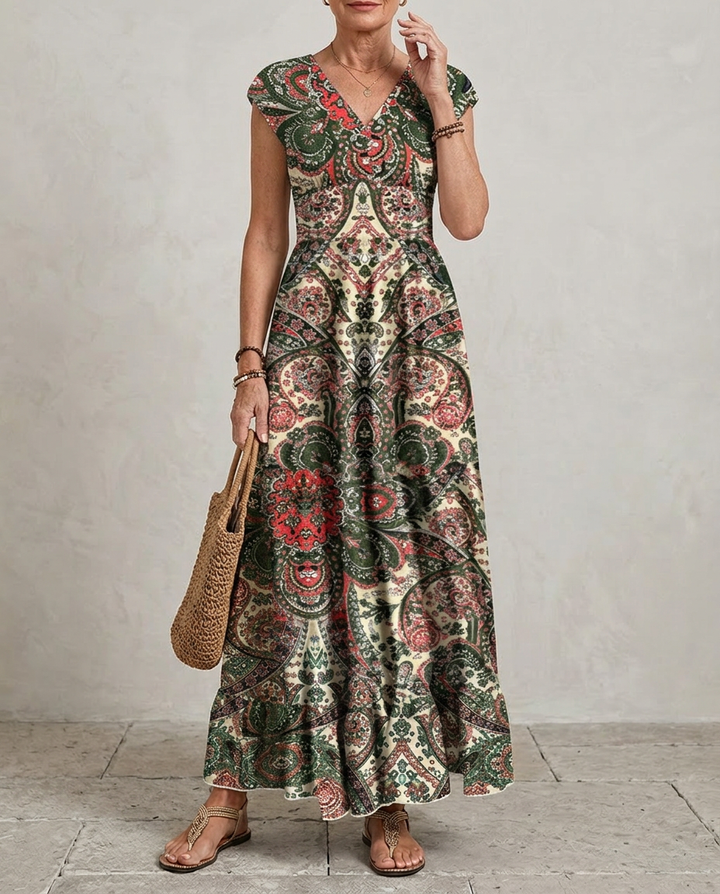 Paisley Print Maxi Dress with V Neck and Short Sleeves