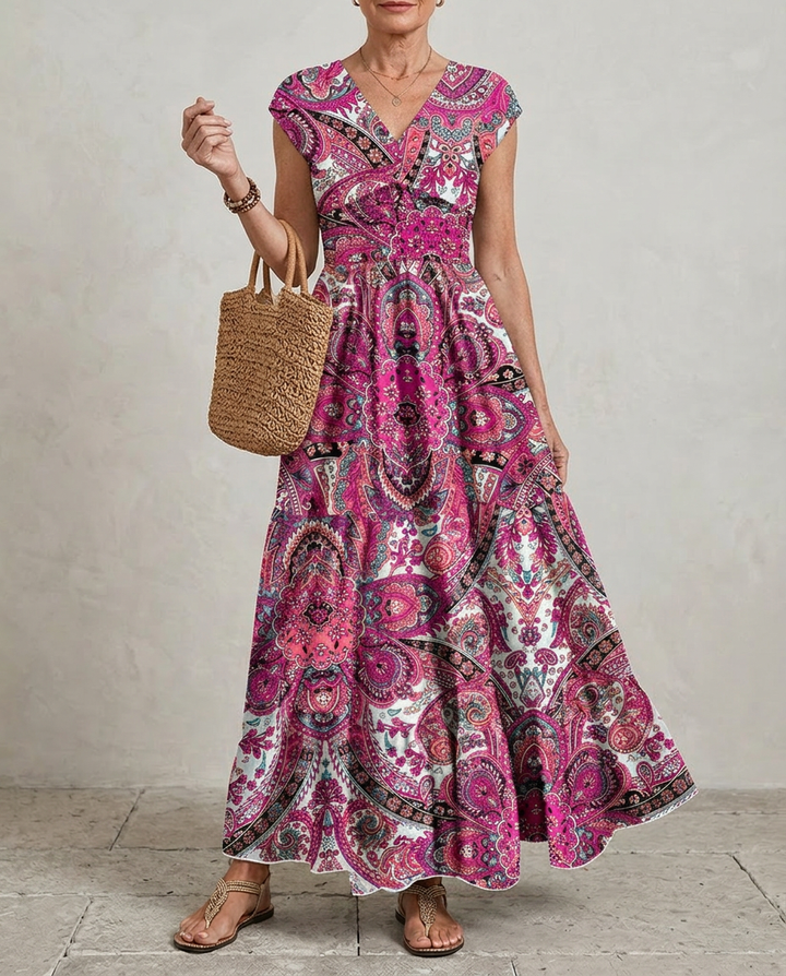 Paisley Print Maxi Dress with V Neck and Short Sleeves