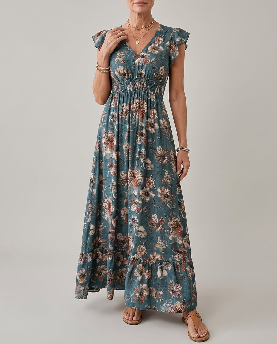Floral Print Maxi Dress with Wrap Front and Ruffle Sleeves