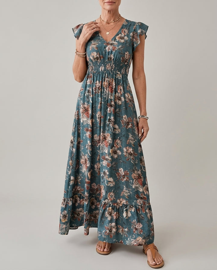 Floral Print Maxi Dress with Wrap Front and Ruffle Sleeves