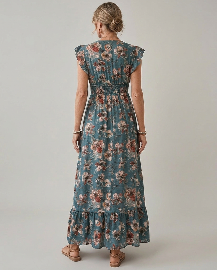 Floral Print Maxi Dress with Wrap Front and Ruffle Sleeves