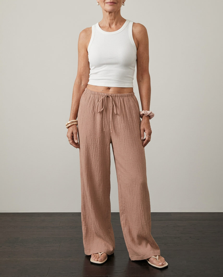 Wide Leg Trousers with High Waist and Drawstring Detail