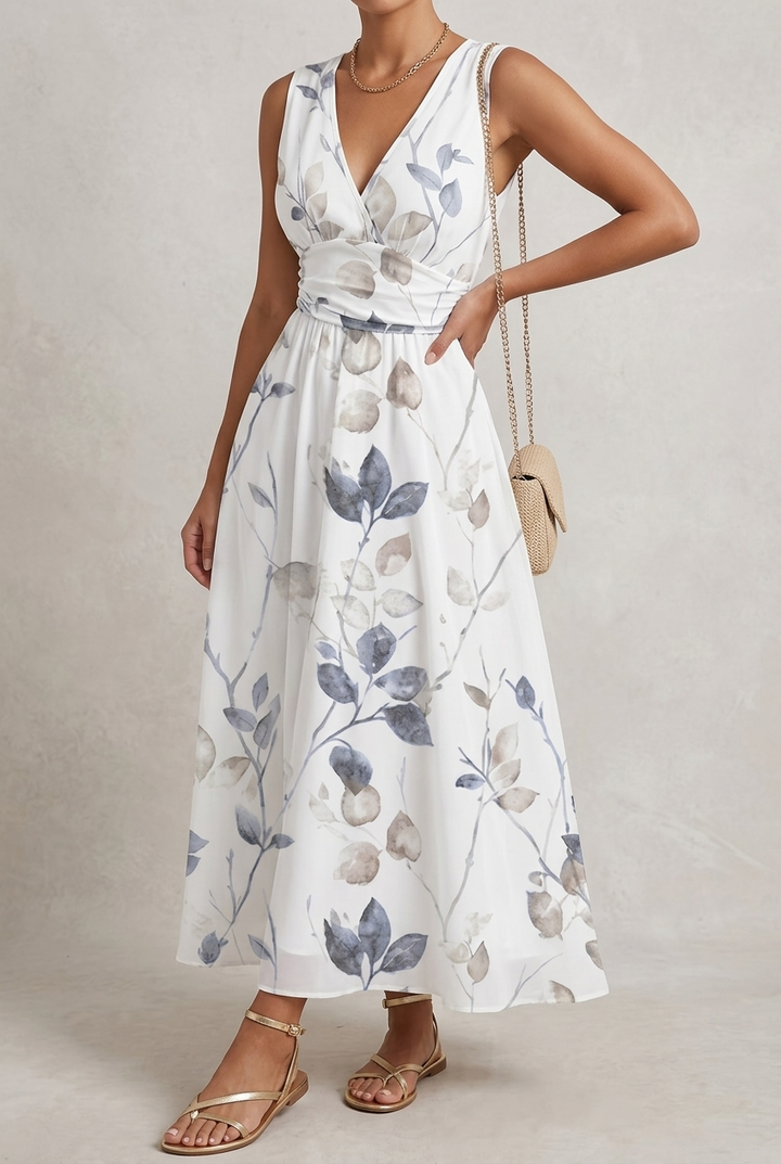 Plants Print Maxi Dress with V Neck and Frill Detail