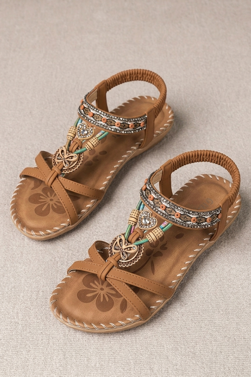 Summer Bohemian Beach Sandals with Open Toe and Rhinestone Detail for Women