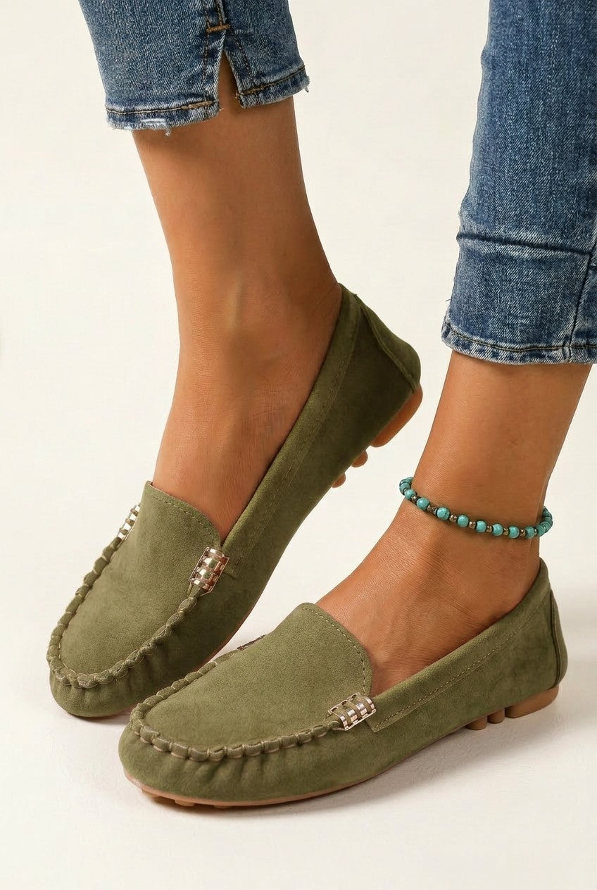 Slip On Loafers with Metal Stitch Detail and Round Toe for Women