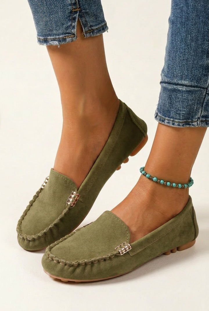 Slip On Loafers with Metal Stitch Detail and Round Toe for Women