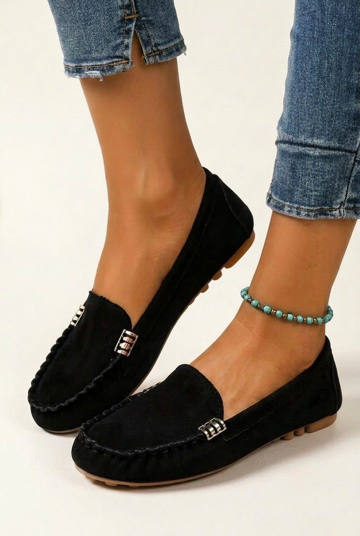 Slip On Loafers with Metal Stitch Detail and Round Toe for Women
