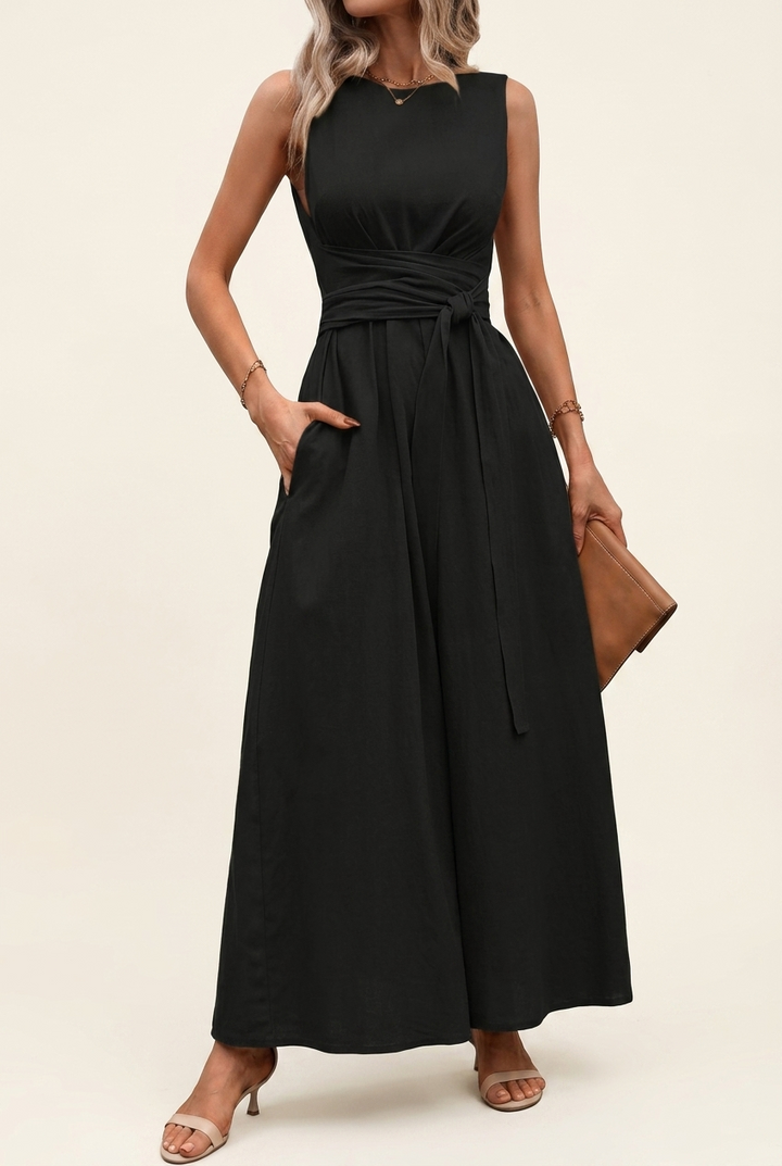 Tie Back Midi Dress with Sleeveless Cut and Pockets for Women