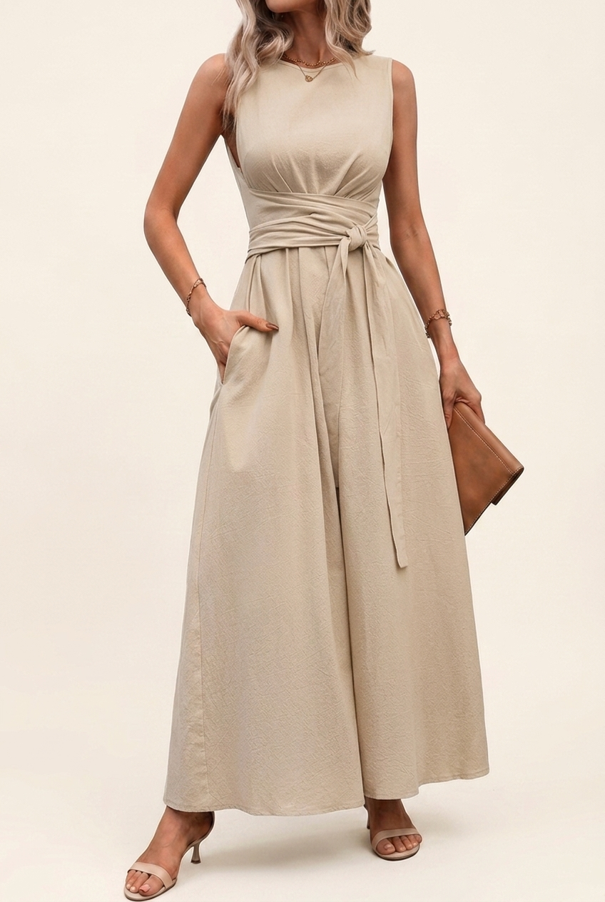 Tie Back Midi Dress with Sleeveless Cut and Pockets for Women