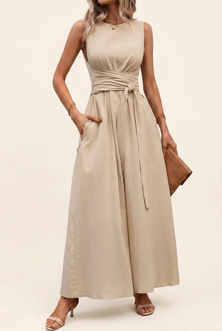 Tie Back Midi Dress with Sleeveless Cut and Pockets for Women