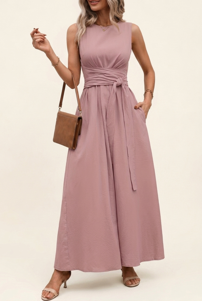 Tie Back Midi Dress with Sleeveless Cut and Pockets for Women