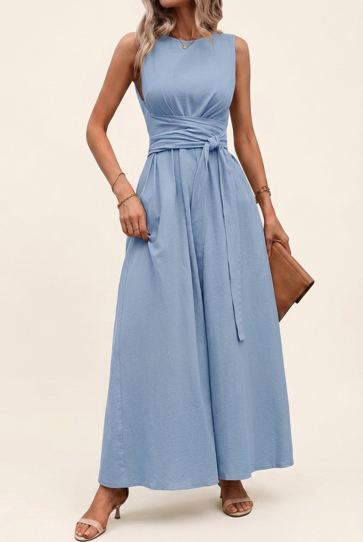 Tie Back Midi Dress with Sleeveless Cut and Pockets for Women