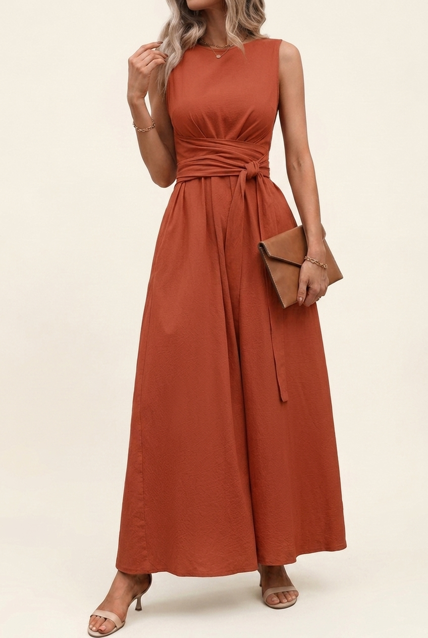 Tie Back Midi Dress with Sleeveless Cut and Pockets for Women