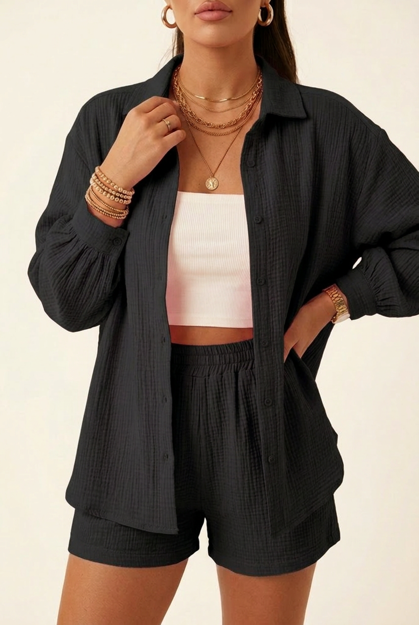 Cardigan and Shorts Two Piece Set with Long Sleeves for Women