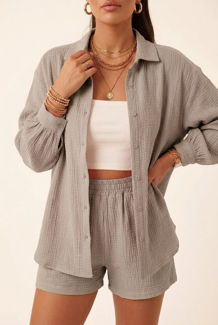 Cardigan and Shorts Two Piece Set with Long Sleeves for Women