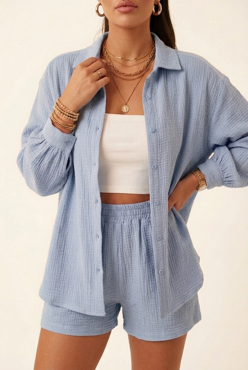Cardigan and Shorts Two Piece Set with Long Sleeves for Women