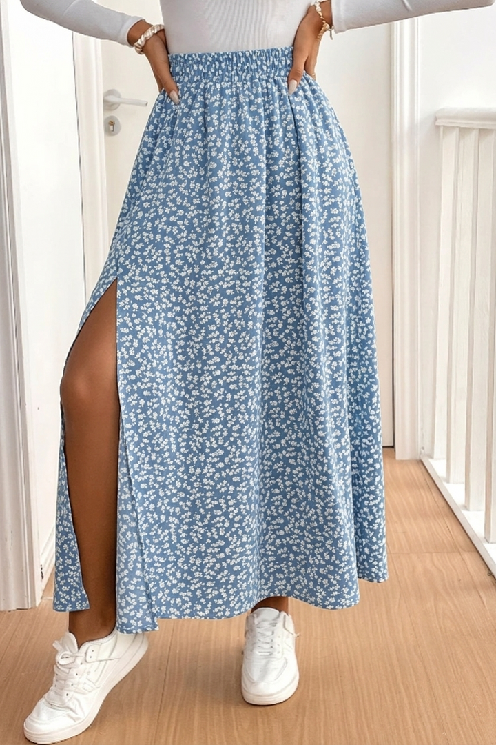 Floral Maxi Skirt with Side Slit and Flowy Print for Women