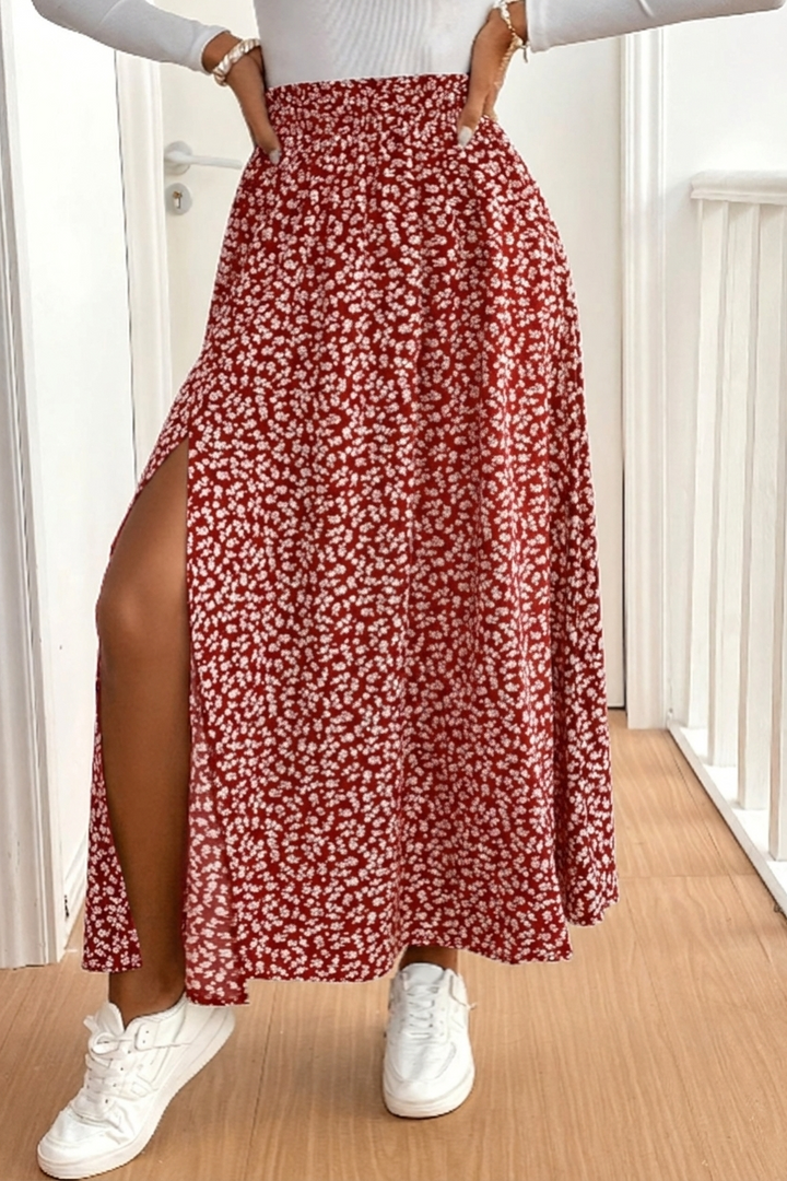 Floral Maxi Skirt with Side Slit and Flowy Print for Women