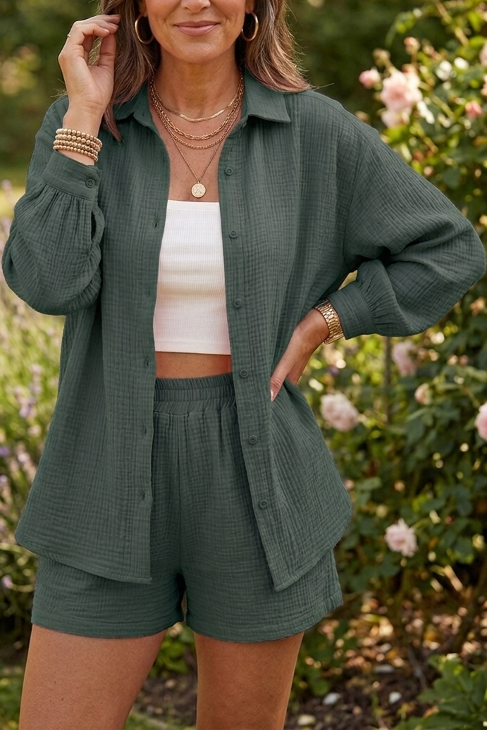 Cardigan and Shorts Two Piece Set with Long Sleeves for Women