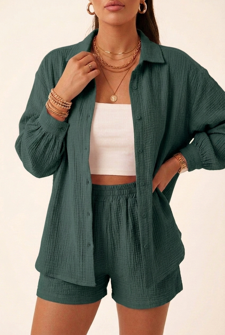 Cardigan and Shorts Two Piece Set with Long Sleeves for Women