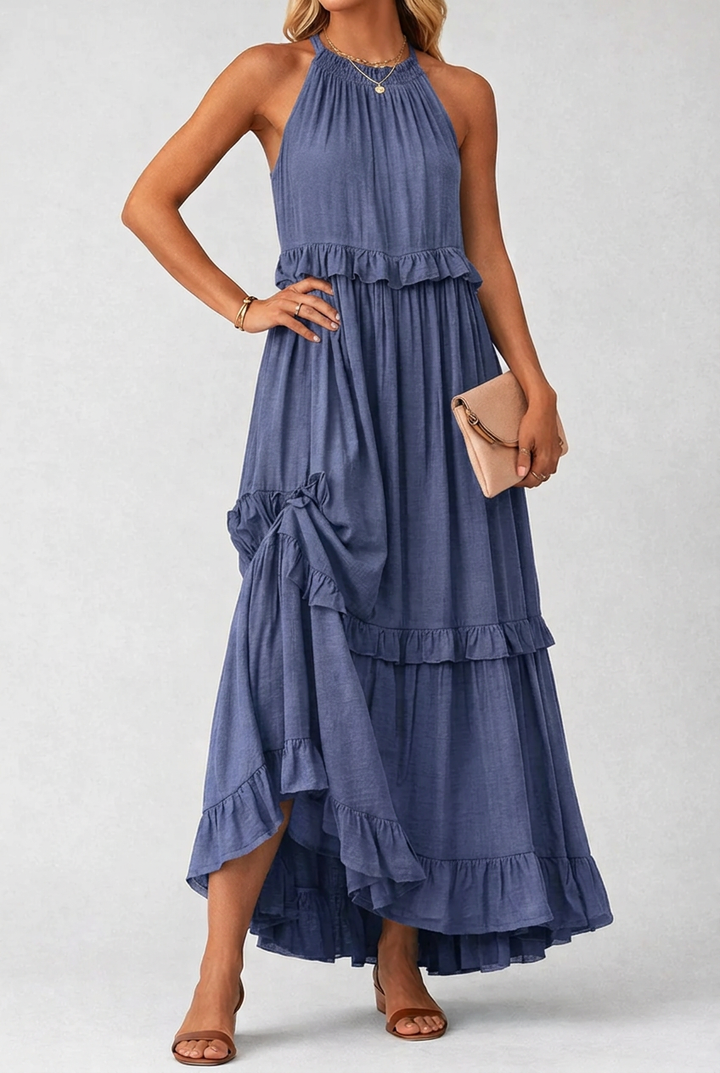 Sleeveless Ruffle Maxi Dress with Flattering Drape