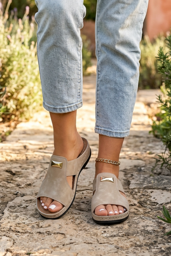 One Strap Wedge Sandals with Metal Detail and Platform Sole for Women