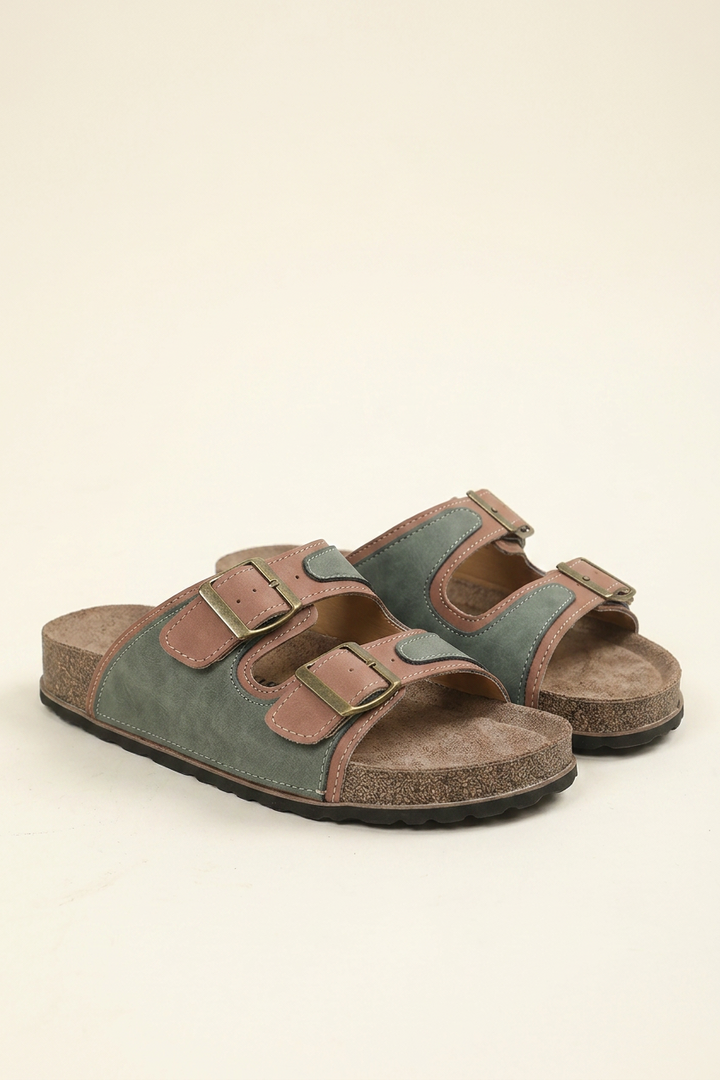 Color Block Flat Sandals with Double Buckle and Ankle Strap for Women