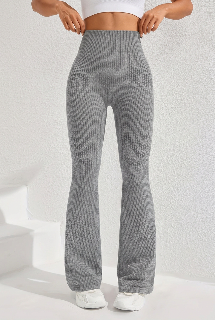 High Waist Flare Pants with Tummy Control and Ribbed Texture for Women
