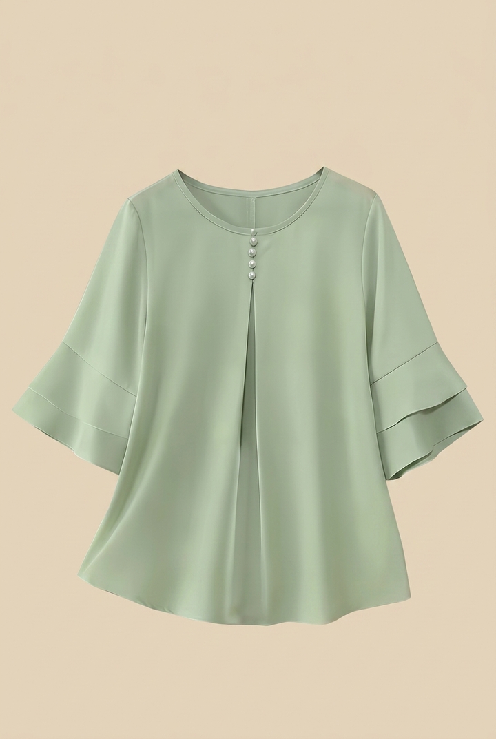 Ruffle Trim Button Up Top with Flared Sleeves and Round Neck for Women