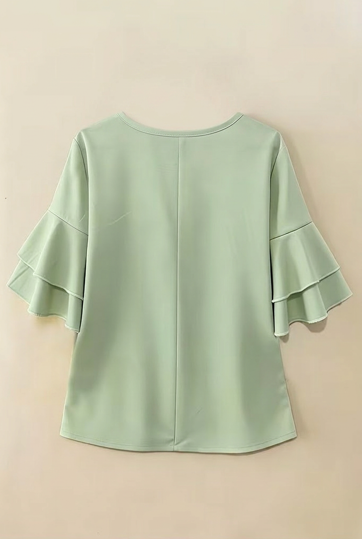 Ruffle Trim Button Up Top with Flared Sleeves and Round Neck for Women