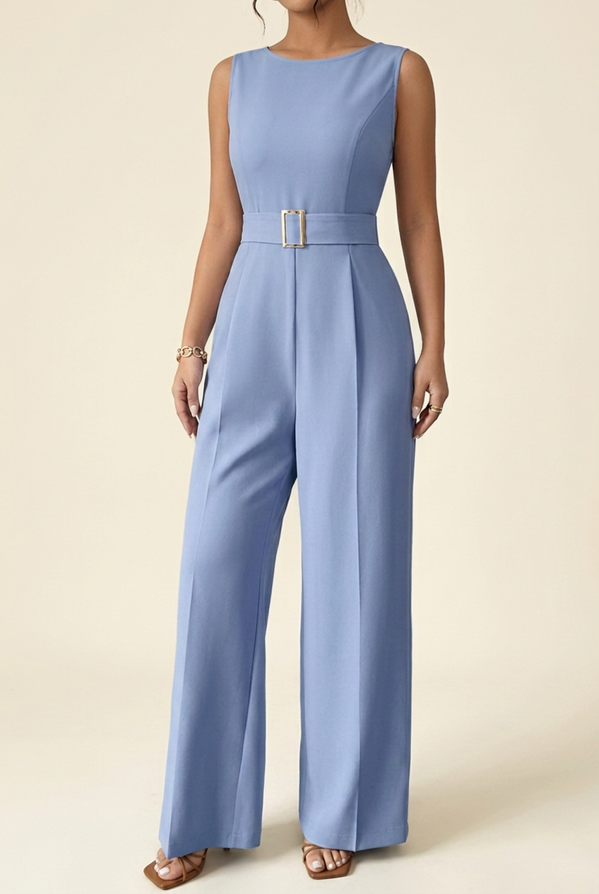 Wide Leg Jumpsuit with Metal Buckle Waist and Sleeveless Design for Women